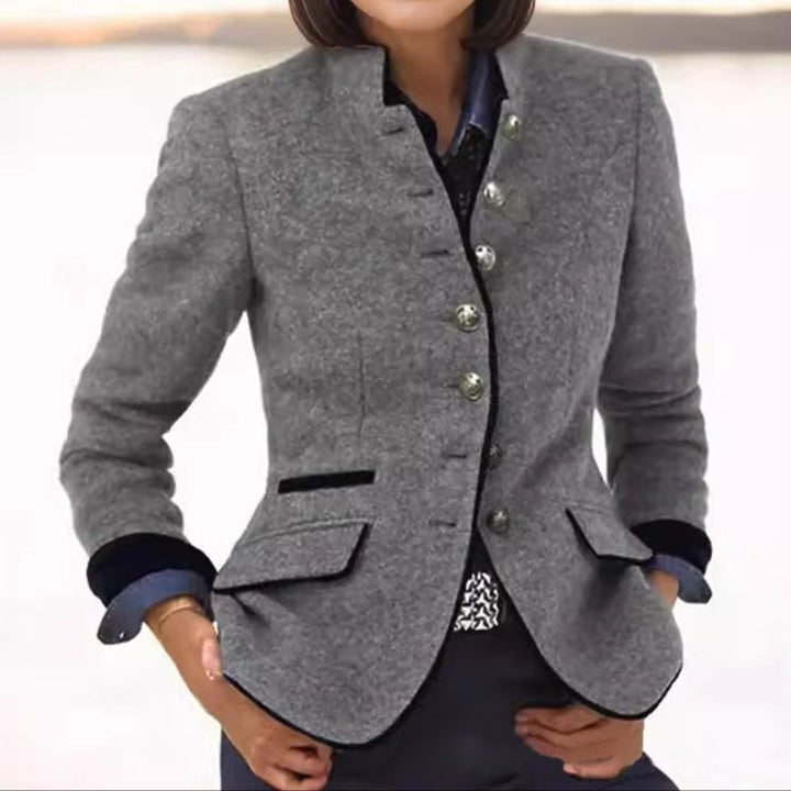 Elegant women's blue stand-collar single-breasted blazer. Versatile jacket for office fashion & stylish outerwear.