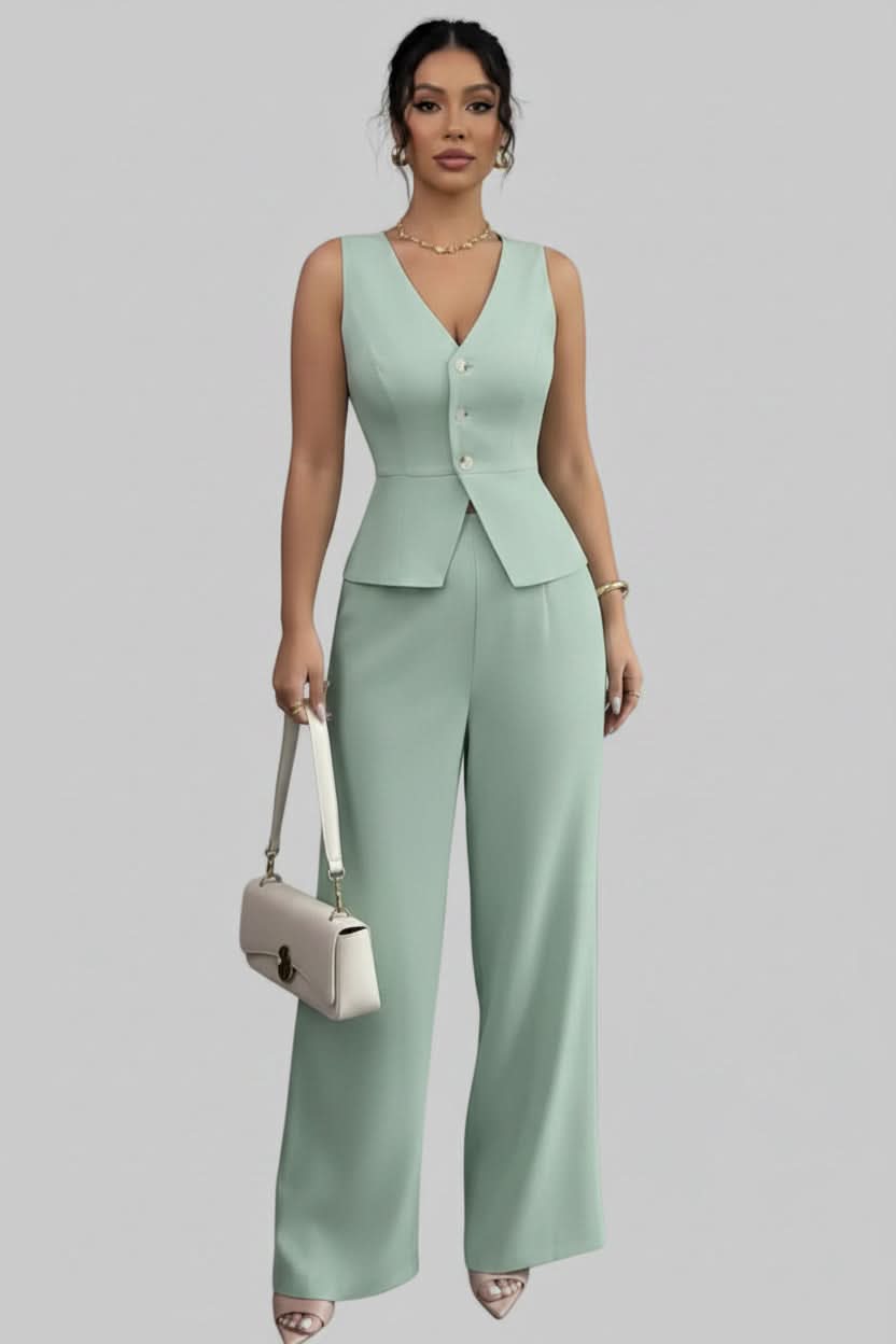 Women's modern waistcoat two-piece set featuring a stylish vest and wide-leg pants, perfect for business casual.