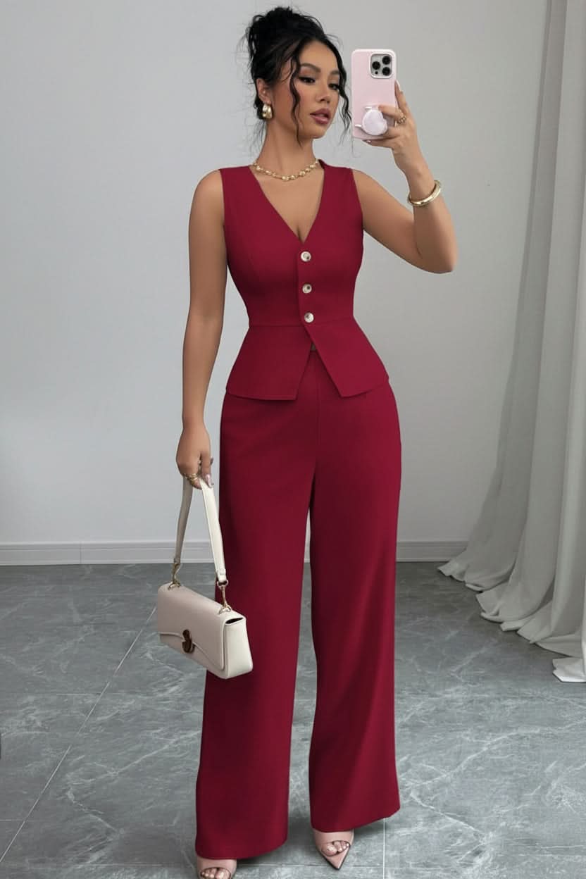 Elegant women's two-piece set: a chic waistcoat and wide-leg trousers, ideal for summer or office wear.