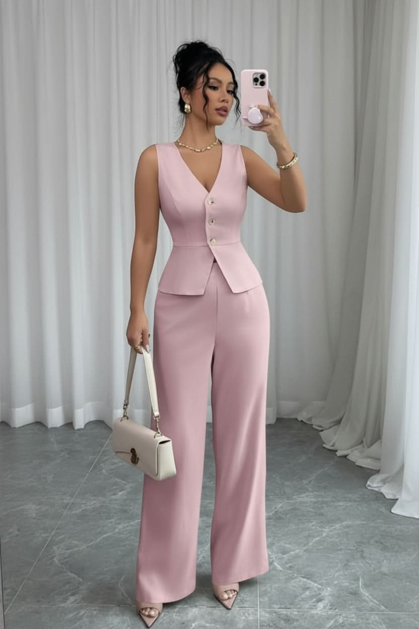 Versatile modern women's waistcoat set with wide-leg pants for a coordinated, stylish, and comfortable outfit.