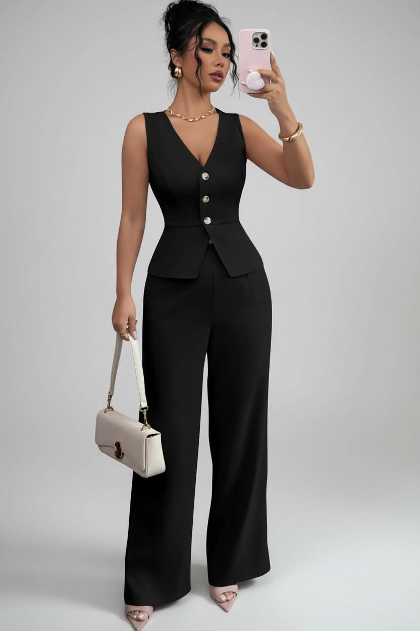 Fashionable women's two-piece waistcoat and wide-leg pant set, a modern and elegant business casual ensemble.