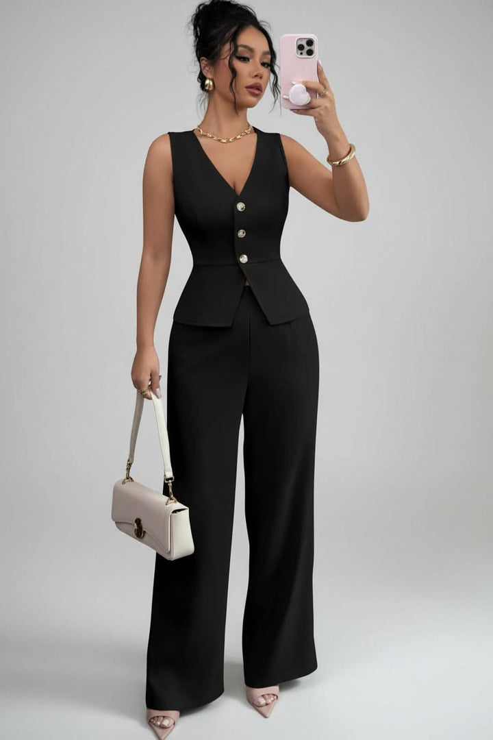 Fashionable women's two-piece waistcoat and wide-leg pant set, a modern and elegant business casual ensemble.