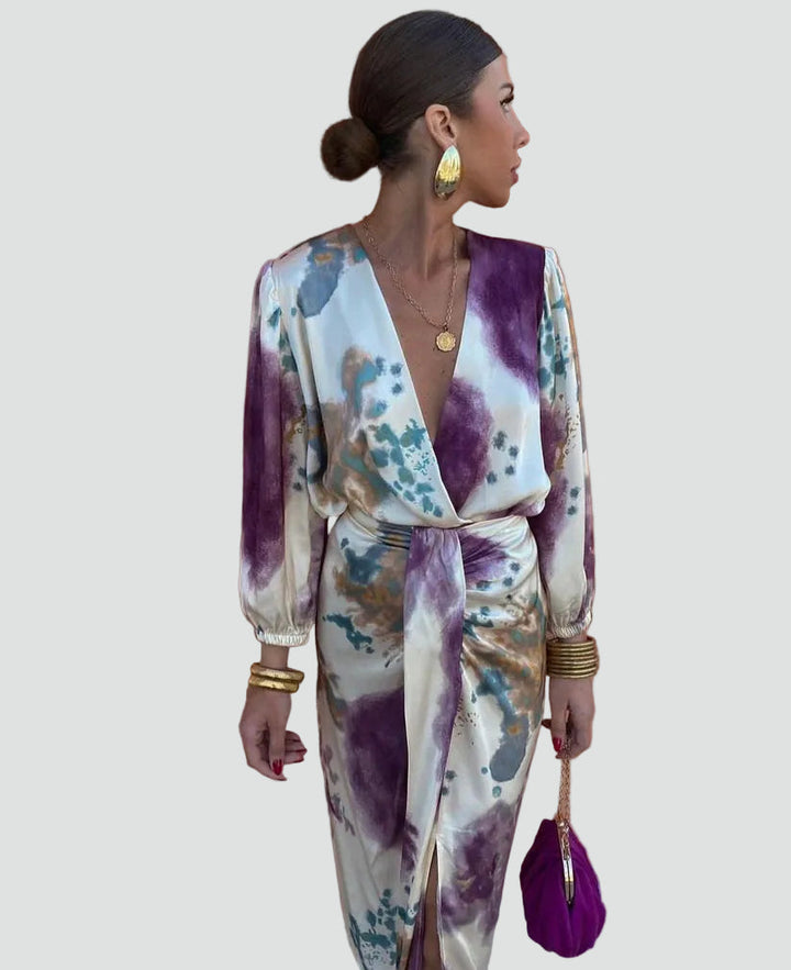 Women's multicolor tie-dye wrap midi dress with V-neck & 3/4 sleeves, perfect for elegant cocktail parties.