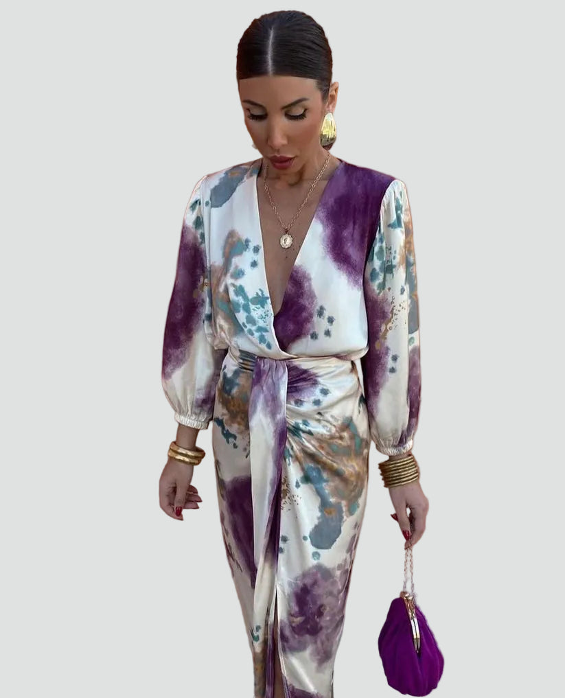 Elegant women's tie-dye midi wrap dress for summer & fall cocktails. Features a flattering V-neckline & flowy skirt.