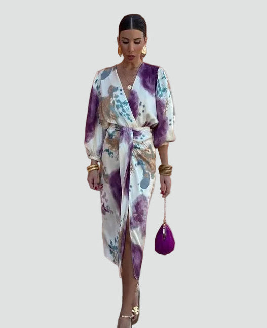 Stylish women's tie-dye cocktail midi dress with wrap design, 3/4 sleeves, and V-neck. Versatile for parties.