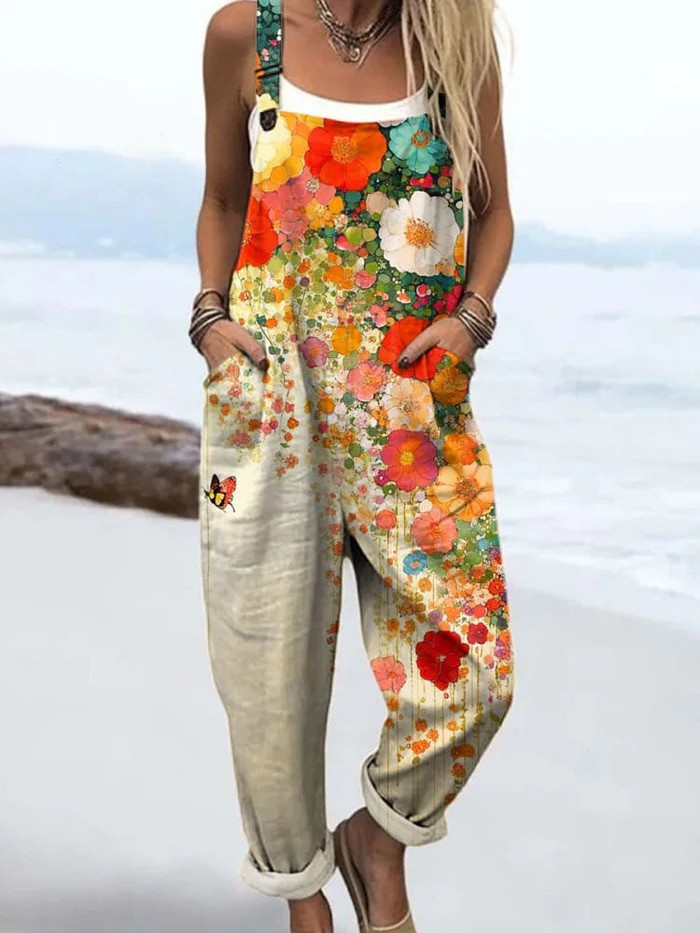 Women's multicolour floral print sleeveless jumpsuit for casual summer wear, beach, or vacation. Relaxed fit, boho style.