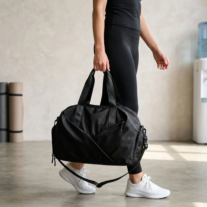 Women's multifunctional gym duffel bag with shoe compartment & wet pocket. Perfect for workout & travel.