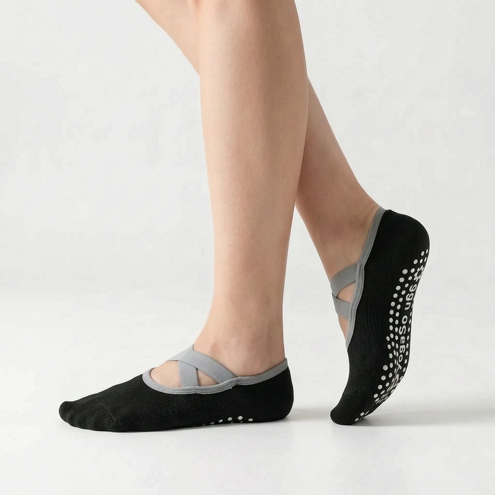 Grey women's activewear grip socks, non-slip for ballet, barre, and fitness. Essential workout accessories.