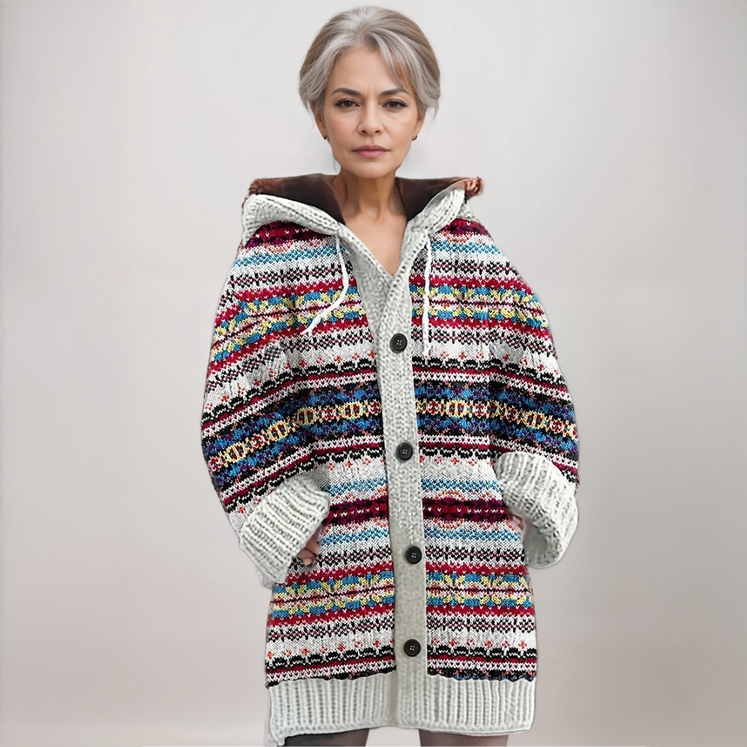 Women's Nordic hooded knit cardigan with Fair Isle pattern, button front, ideal for cozy winter fashion.