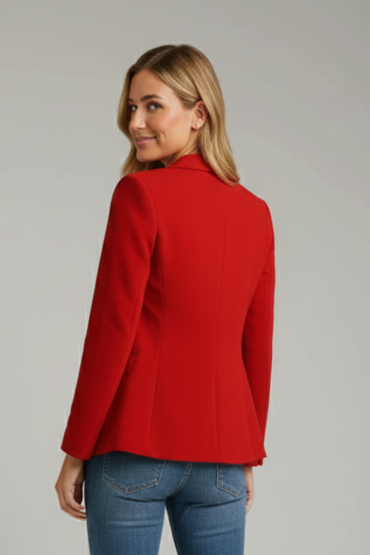 Blue women's professional long sleeve blazer with classic notched lapels, great for business attire.