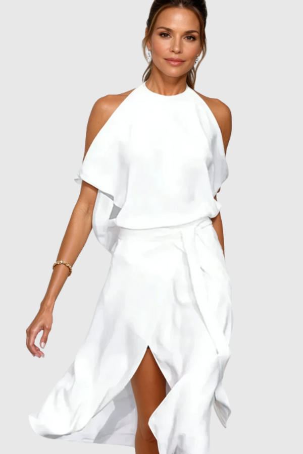 Women's off-shoulder asymmetric midi dress in a sophisticated black. Perfect elegant evening, party or cocktail attire.