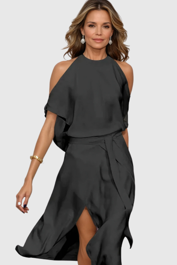 Elegant women's off-shoulder asymmetric midi dress. Ideal for special occasions, cocktail parties, and sophisticated evenings.