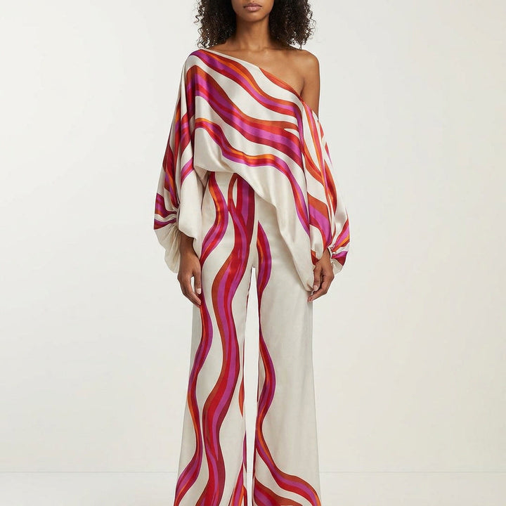 Women's off-shoulder printed two-piece summer set, perfect for beach vacations.