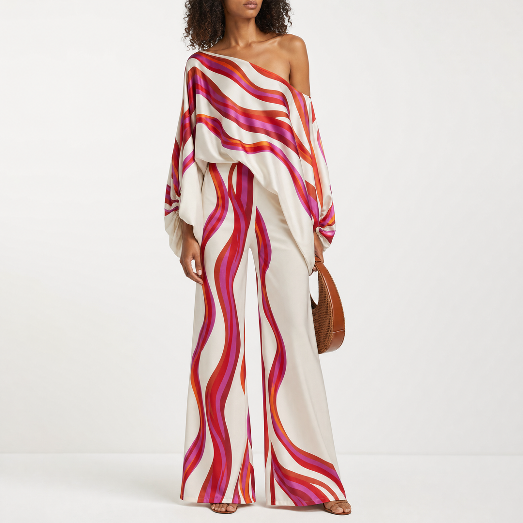 Casual women's printed two-piece summer outfit, off-shoulder style for comfort.