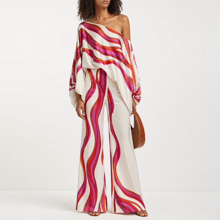 Casual women's printed two-piece summer outfit, off-shoulder style for comfort.
