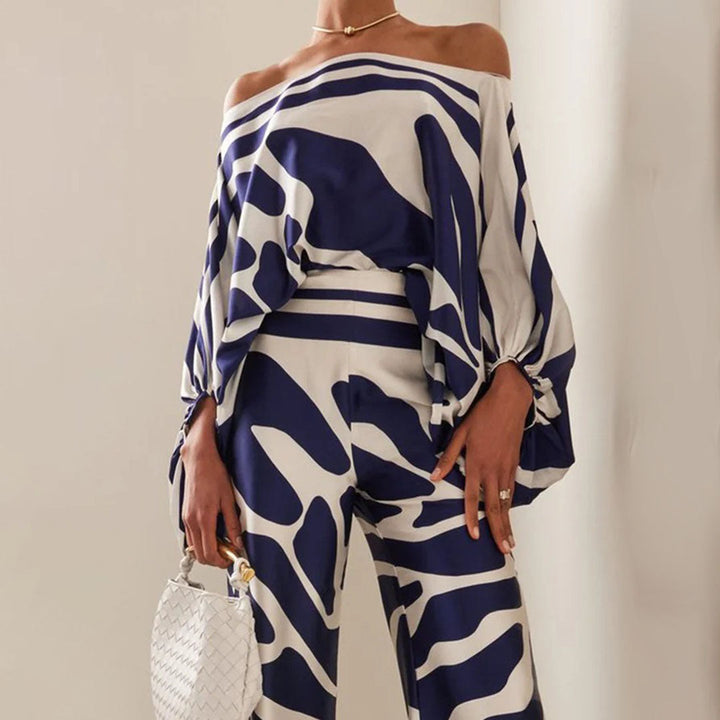 Front view: Women's off-shoulder printed two-piece summer outfit, perfect for casual style.