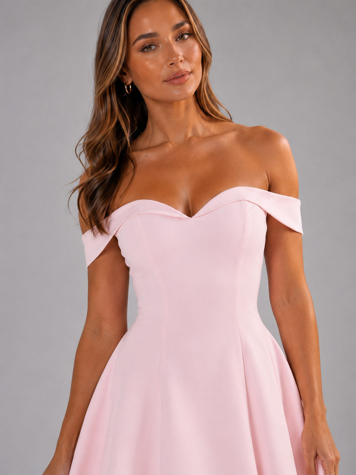 Women's short off-shoulder A-line dress with a romantic sweetheart neckline, great for parties.