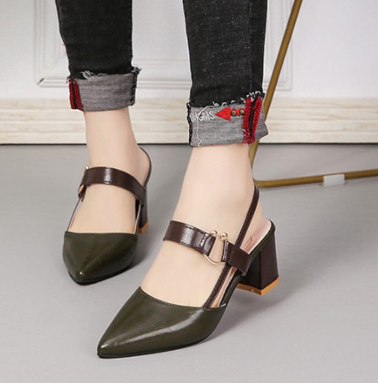 Olivera orthopedic block heels. Comfortable women's pointed-toe slingback shoes for elegant style.