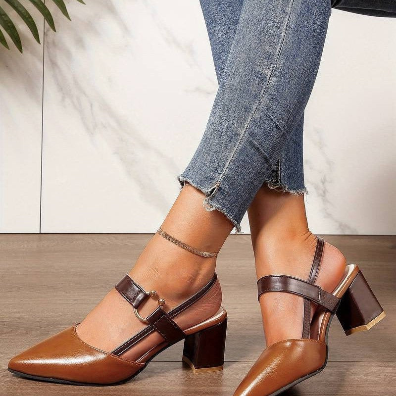 Stylish brown Olivera orthopedic block heels. Comfortable women's slingback for workwear & elegant outfits.