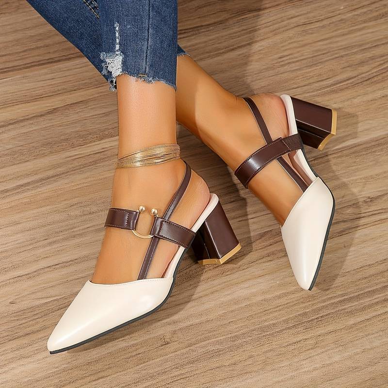 Women's Olivera block heels with orthopedic comfort, pointed toe, and secure slingback strap.