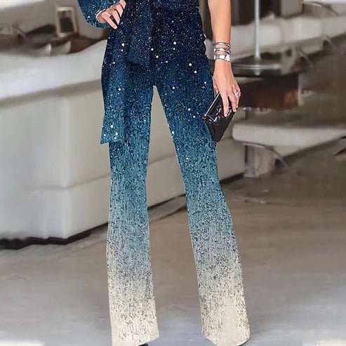 Stylish women's one-shoulder ombre disco jumpsuit featuring a flattering wide-leg and comfortable party design.