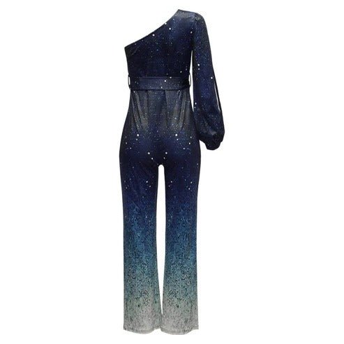 Fashionable women's ombre gradient jumpsuit with one-shoulder design & flared wide-leg, perfect for disco parties.