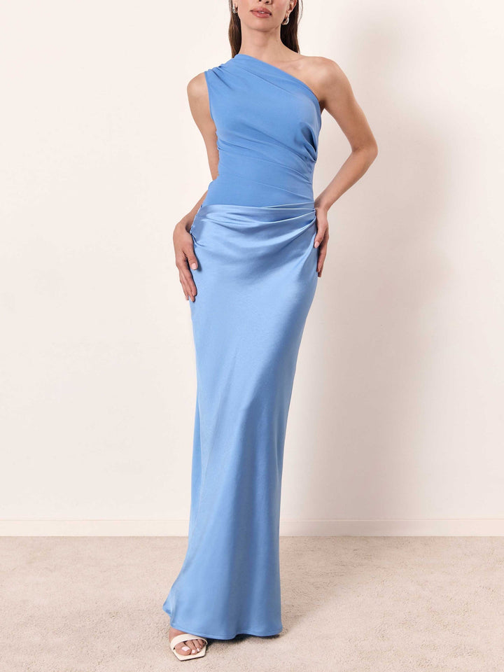 Women's formal one shoulder ruched maxi dress, ideal wedding guest or gala event attire.