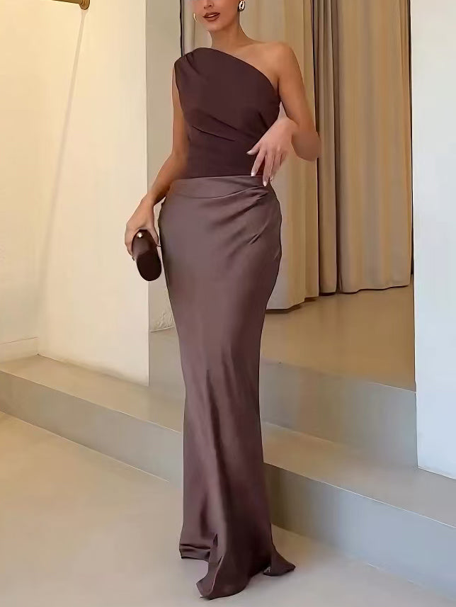 Chic one shoulder ruched women's maxi dress, perfect long formal evening wear for galas.
