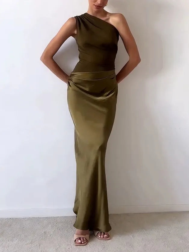 Glamorous one shoulder ruched maxi dress for women, a formal evening party gown for special events.