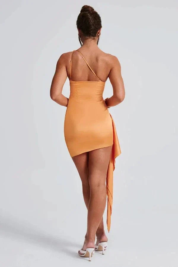 Women's Mini Party Dress with one-shoulder and ruching, available in champagne.
