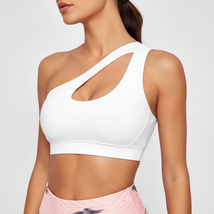 Activewear women's one-shoulder sports bra with cutout, ideal for fitness, yoga, and gym sessions.