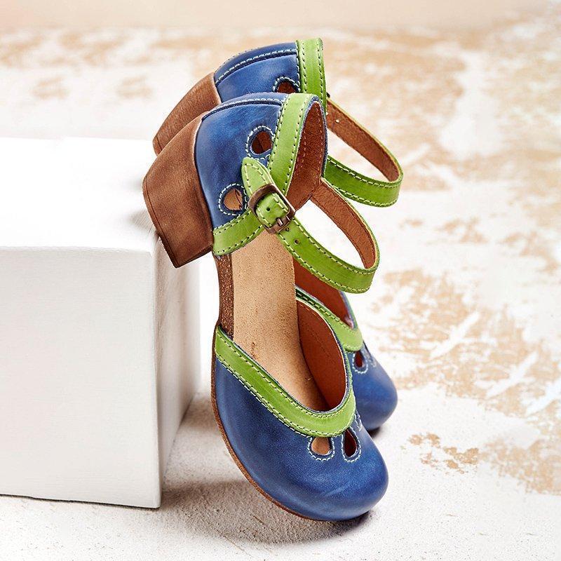 Elegant women's open toe block heel sandals featuring a stylish cutout design and secure ankle strap.