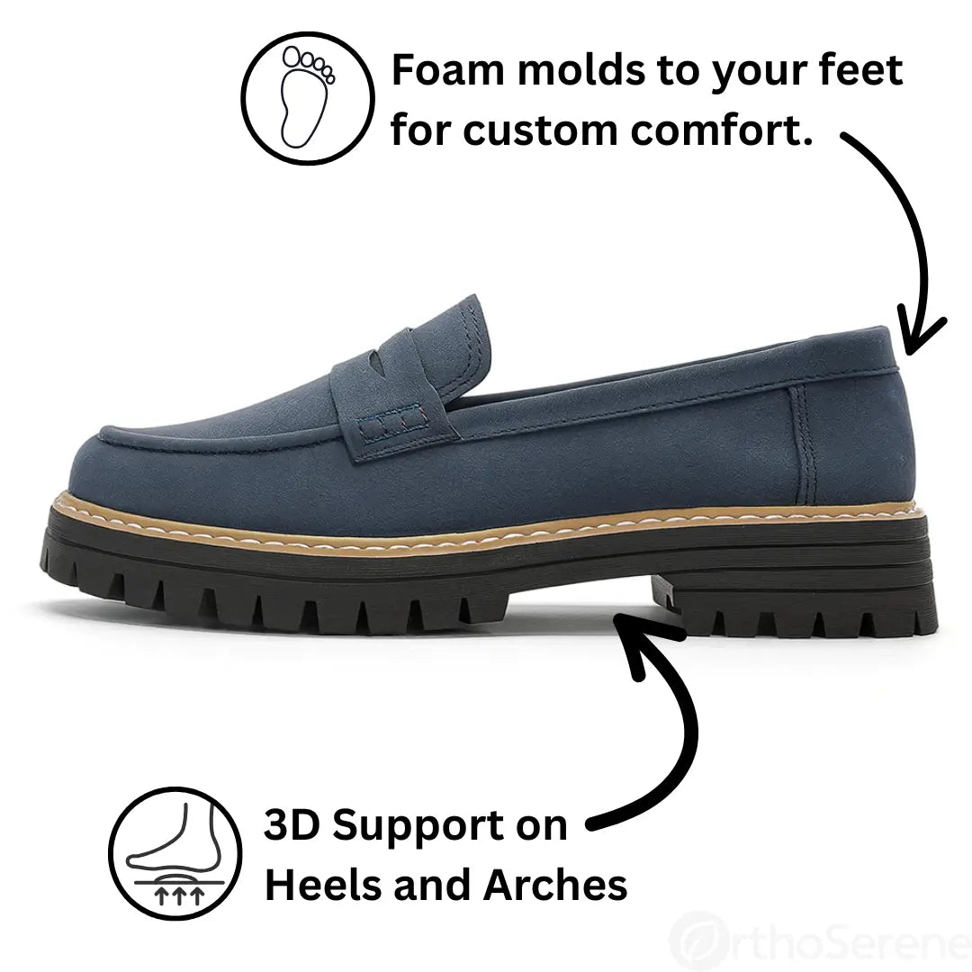 Supportive orthopaedic women's loafers, designed with a wide toe box for ultimate foot health.