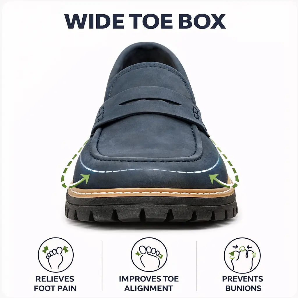 Wide toe box orthopaedic loafers for women, providing bunion relief and spacious comfort.