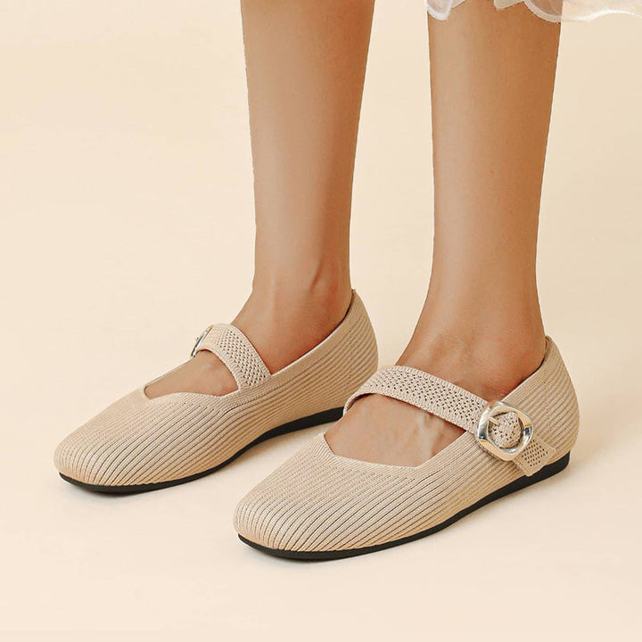 Close-up of comfortable women's square toe orthopaedic Mary Jane flats with V-cut strap.