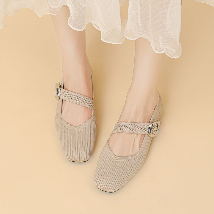 Side view of stylish orthopaedic women's Mary Jane flats, square toe design for comfort.