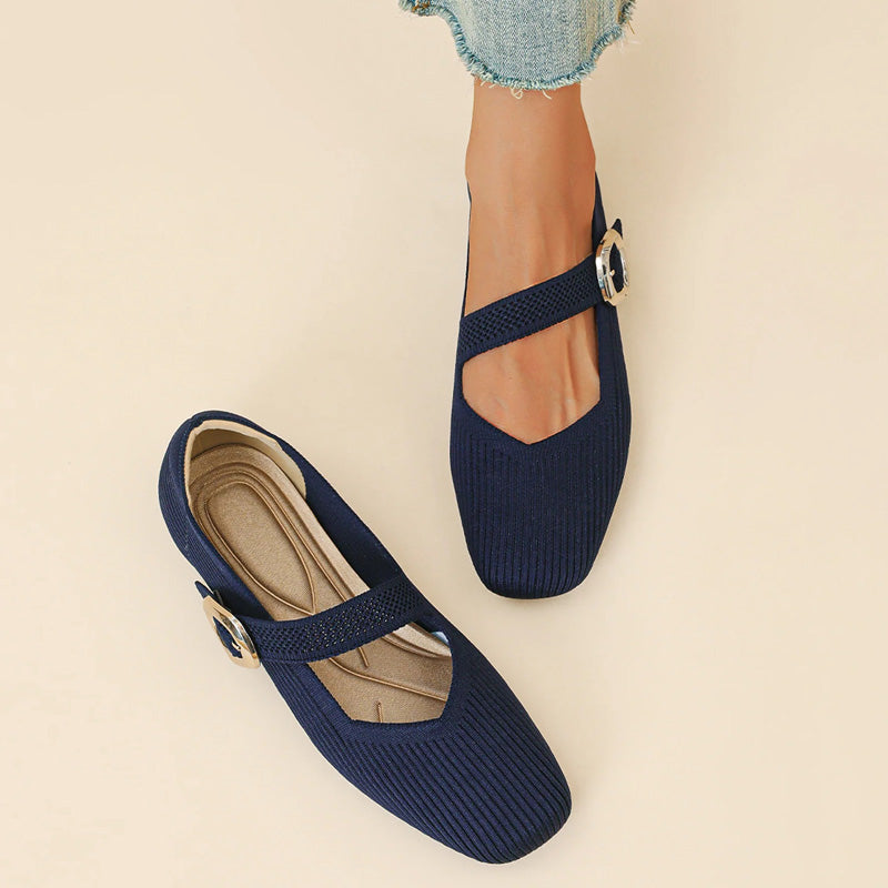 Top view of women's orthopaedic square toe Mary Jane flats, comfortable & supportive.