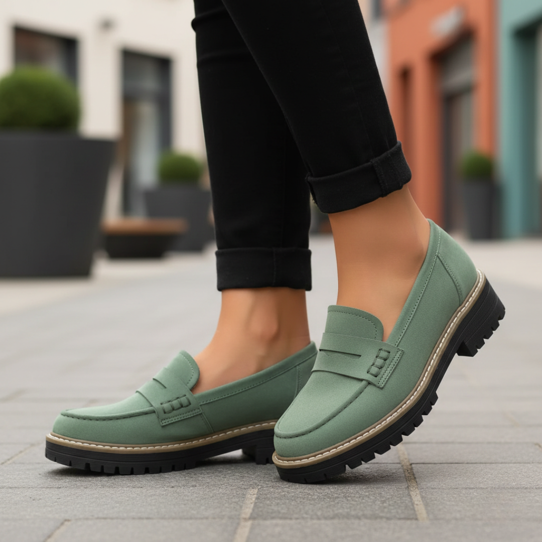 Side view: Women's modern chunky sole platform loafers. Orthopedic design for support, style & all-day comfort.