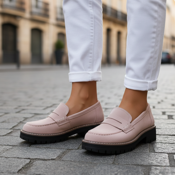 Front view: Trendy women's orthopedic penny loafers with a stylish chunky platform sole. Comfortable & supportive.
