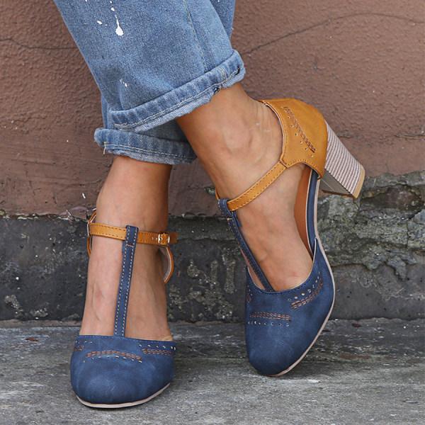 Elegant women's comfort block heels from above, showcasing ergonomic design for all-day orthopedic support.