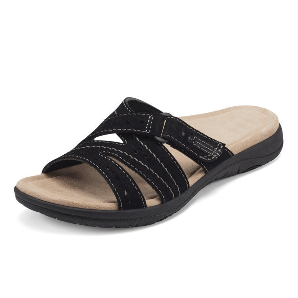 Comfortable women's sandals featuring a wide toe box & orthopedic arch support for all-day foot pain relief.