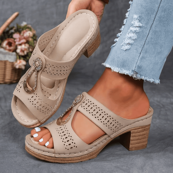 Comfortable women's heeled sandals, orthopedic with arch support, breathable openwork design for summer.