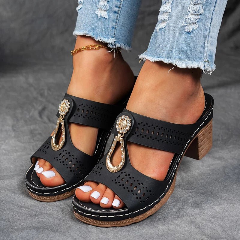 Stylish heeled orthopedic sandals for women, offering superior arch support & comfort for daily wear.