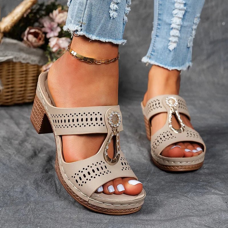 Elegant slip-on women's heeled sandals with openwork design, orthopedic comfort & arch support.