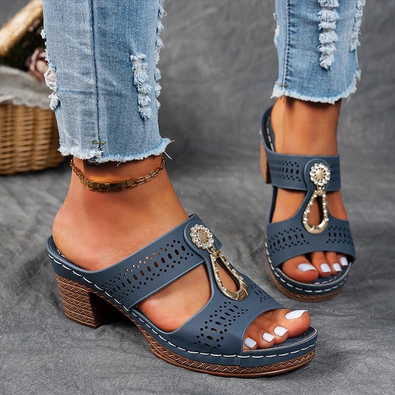 Breathable summer women's heeled sandals, orthopedic with arch support, combining comfort & elegant style.