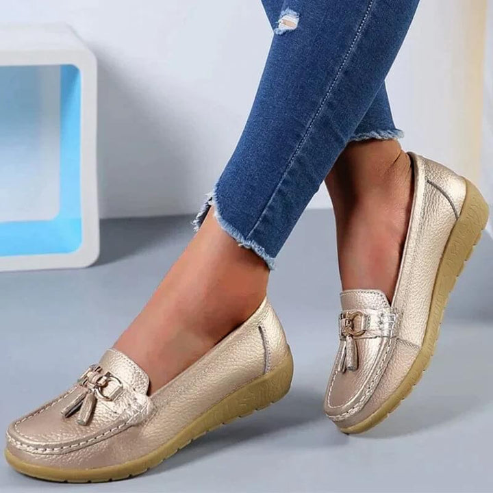 Close-up of women's orthopedic loafers, showing quality material & comfortable footbed design.