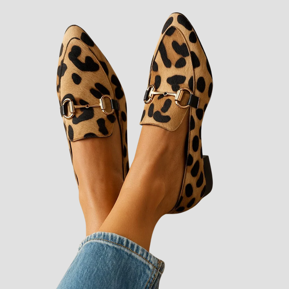 Women's orthopedic loafers with stylish animal texture & gold bit, comfortable for everyday walking.