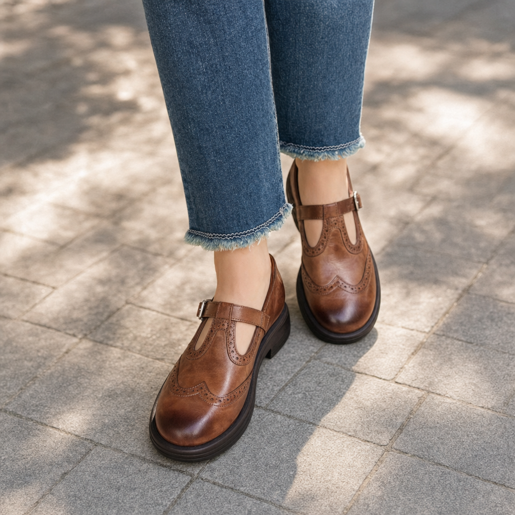 Brown women's orthopedic Mary Jane shoes, comfort flats with arch support & adjustable strap for daily wear.