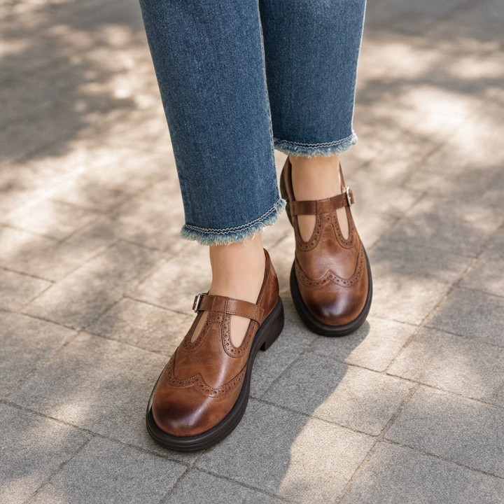 Brown women's orthopedic Mary Jane shoes, comfort flats with arch support & adjustable strap for daily wear.