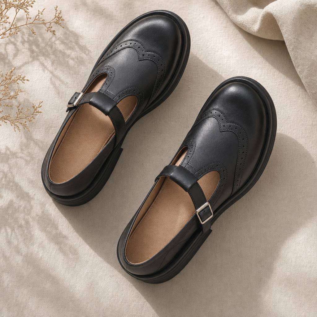 Black orthopedic Mary Jane shoes for women, offering foot support & comfort for walking. Stylish casual flats.